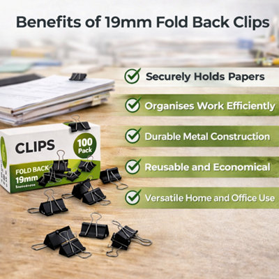 1x 100 Pack Great Quality 19mm Fold Back Clips Strong Metal Paper ...