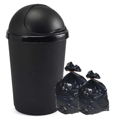 1x 50 Litre Black Home Kitchen General Waste Bullet Bin With Roll Open Lid - 3