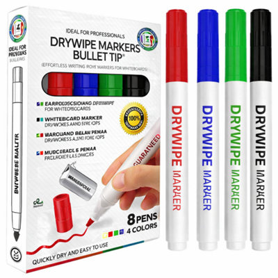 1x 8 Pack Whiteboard Markers Bullet Tip Dry Wipe Pens Assorted Colors ...