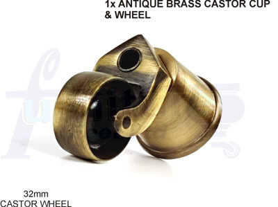 1x ANTIQUE BRASS CASTOR & CUP REPLACMENT 32mm ANTIQUE BRASS CASTORS FIX WITH SCREW OR BOLT NOT SUPPLIED