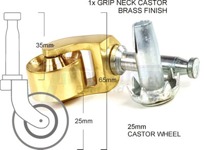 1x BRASS CASTOR & SOCKET PUSH IN CASTORS 25mm BRASS GRIP NECK CASTORS  FURNITURE BEDS SOFAS CHAIRS STOOLS