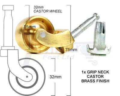 1x BRASS CASTOR & SOCKET PUSH IN CASTORS 32mm BRASS GRIP NECK CASTORS  FURNITURE BEDS SOFAS CHAIRS STOOLS