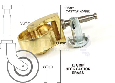 1x BRASS CASTOR & SOCKET PUSH IN CASTORS 38mm BRASS GRIP NECK CASTORS