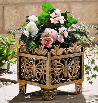 1x Bronze-Effect Butterfly Planter - Decorative Lightweight Outdoor Garden Patio Square Flower Plant Pot 31x27x27cm