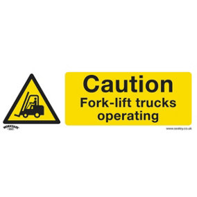 1x CAUTION FORK-LIFT TRUCKS Safety Sign - Rigid Plastic 300 x 100mm Warning