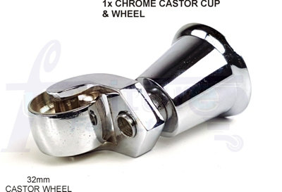 1x CHROME CASTOR & CUP 32mm REPLACMENT CHROME CASTORS FIX WITH SCREW OR