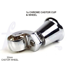 1x CHROME CASTOR & CUP 32mm REPLACMENT CHROME CASTORS FIX WITH SCREW OR BOLT NOT SUPPLIED
