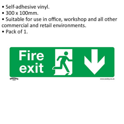 1x FIRE EXIT (DOWN) Health & Safety Sign - Self Adhesive 300 x 100mm Sticker