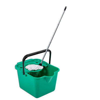 1x Green 12 Litre Cotton Mop & Bucket Hard Floor Cleaning Set With Wringer & Pouring Lip