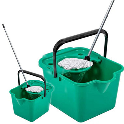 1x Green 12 Litre Cotton Mop & Bucket Hard Floor Cleaning Set With Wringer & Pouring Lip