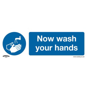 1x NOW WASH YOUR HANDS Health & Safety Sign - Rigid Plastic 300 x 100mm Warning