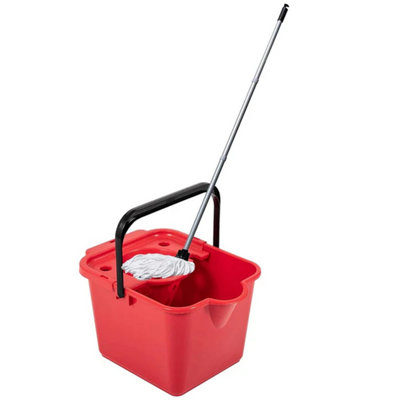 1x Red 12 Litre Cotton Mop & Bucket Hard Floor Cleaning Set With Wringer & Pouring Lip