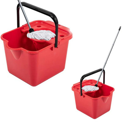 1x Red 12 Litre Cotton Mop & Bucket Hard Floor Cleaning Set With Wringer & Pouring Lip