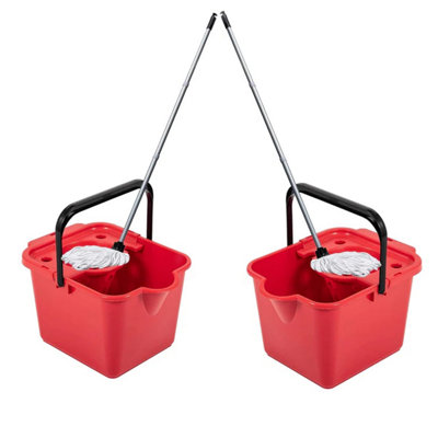 1x Red 12 Litre Cotton Mop & Bucket Hard Floor Cleaning Set With Wringer & Pouring Lip - 3