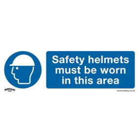 1x SAFETY HELMETS MUST BE WORN Safety Sign - Self Adhesive 300 x 100mm Sticker