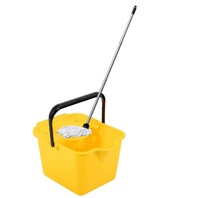 1x Yellow 12 Litre Cotton Mop & Bucket Hard Floor Cleaning Set With Wringer & Pouring Lip