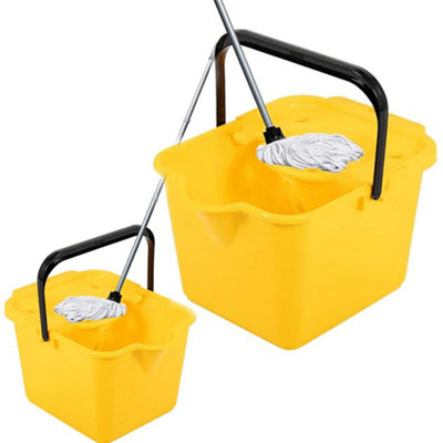 1x Yellow 12 Litre Cotton Mop & Bucket Hard Floor Cleaning Set With Wringer & Pouring Lip