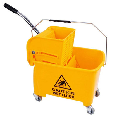 1x Yellow Wet Floor 20 Litre Strong Durable Kentucky Dual Bucket & Wringer Floor Cleaning System With Wheels & Handle