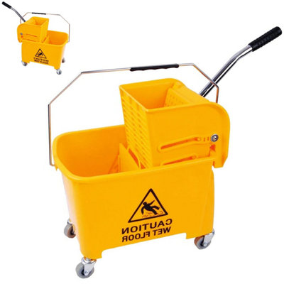 1x Yellow Wet Floor 20 Litre Strong Durable Kentucky Dual Bucket & Wringer Floor Cleaning System With Wheels & Handle