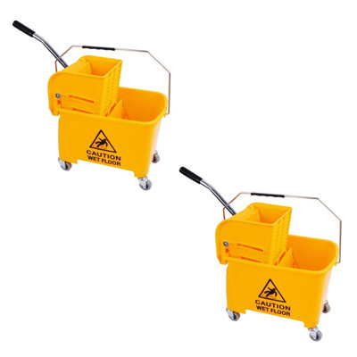 1x Yellow Wet Floor 20 Litre Strong Durable Kentucky Dual Bucket & Wringer Floor Cleaning System With Wheels & Handle - 3