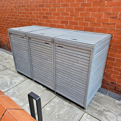 2.03m x 1.14m Large Grey Wooden Outdoor Garden Triple Wheelie Bin Store Storage for 3 Bins with Back Panels