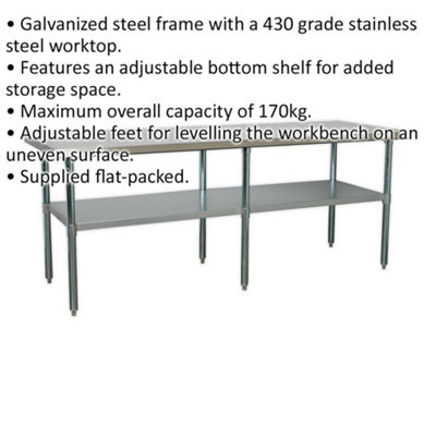 2.1m Stainless Steel Work Bench & Adjustable Storage Shelf - Kitchen Station