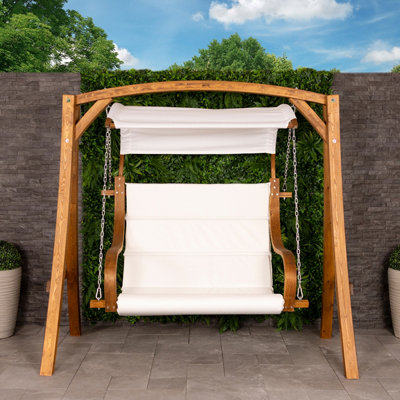 2-3 Seater Larch Wooden Garden Outdoor Swing Seat Hammock Cream Canopy 1.9M