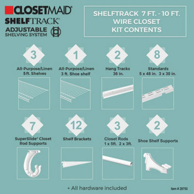 2.44m or 8ft Wide Adjustable ShelfTrack White Wardrobe Organiser Kit with Shoe Rack Wire Shelving Storage System by ClosetMaid