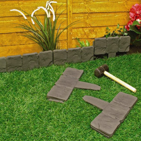 2.4m Cobble Stone Effect Lawn Edging - Weatherproof Garden Border Flower Bed Staked Fence Strips - 10 Piece, Each W24 x H10cm