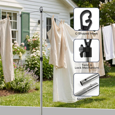 2.4m Stainless Steel Washing Line Prop Adjustable Clothes Laundry ...