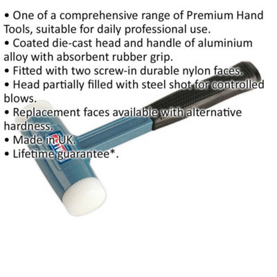 2.5lb Nylon Faced Dead Blow Hammer - Absorbent Rubber Grip - Steel Shot