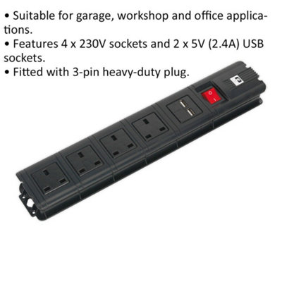 2.6m Extension Cable - 4 x 230V Plug Sockets - 2 x USB Sockets - On/Off - Black
