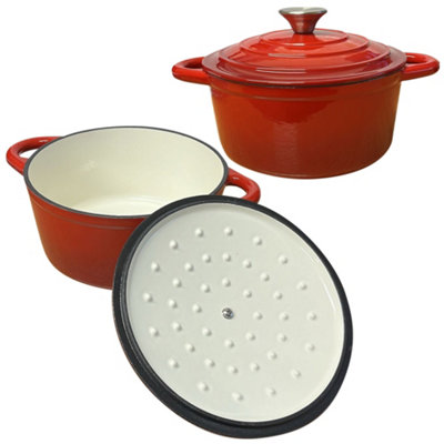 2.7L Round Casserole Dish Cast Iron Ceramic Induction And Gas Safe Dutch Oven Roasting Cooker Pot With Lid Red For Kitchen Cooking