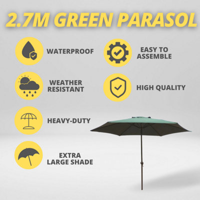 2.7M Garden Wind Up Parasol - Green - 8