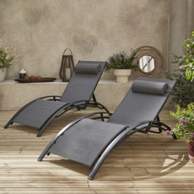 2 Aluminium and textilene sun loungers reclining garden chair beach sun lounger recliner anthracite