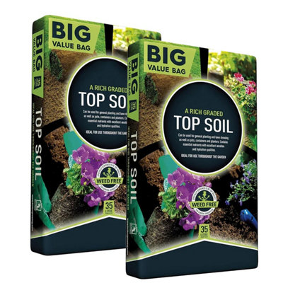 2 bags (70 Litres) Top Soil Soil Bags With Essential Nutrients Perfect For Gardening, Lawn Dressing, Pots & Planters