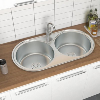2 Bowl Round Catering Inset Stainless Steel Kitchen Sink and Drainer 860mm x 450mm