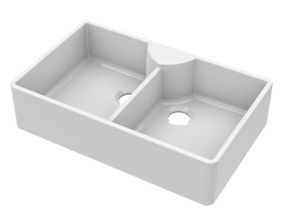 2 Bowl Stepped Weir Butler Kitchen Sink, Tap Ledge, No Overflow & Tap Hole 895mm