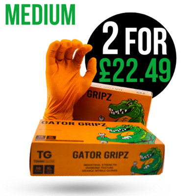 2 Boxes of Gator Gripz Medium (100 Gloves) - Super Strong 10 Mil Thick - Orange Diamond Grip -Disposable Nitrile Gloves