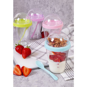 2 Breakfast To Go Snack Pots With Spoon Travel Cereal Tub and Lid Lunch Pot 350ml