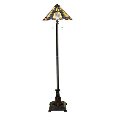 2 Bulb Floor Lamp Tiffany Style Coloured Glass Shade Valiant Bronze LED E27 60W