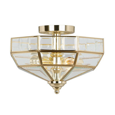 2 Bulb Semi Flush Light Highly Polished Brass Finish LED E27 60W Bulb