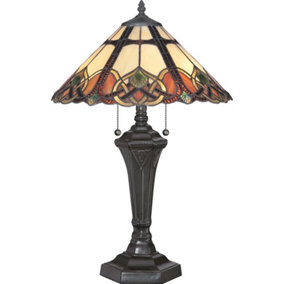 2 Bulb Table Lamp Tiffany Style Coloured Glass Vintage Bronze Base LED E27 75W