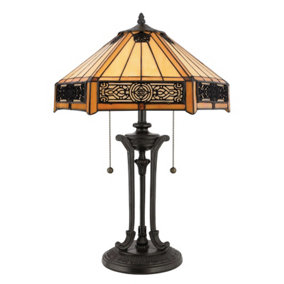 2 Bulb Twin Table Lamp Tiffany Style Coloured Glass Vintage Bronze LED E27 60W