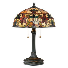 2 Bulb Twin Table Lamp Tiffany Style Coloured Glass Vintage Bronze LED E27 60W