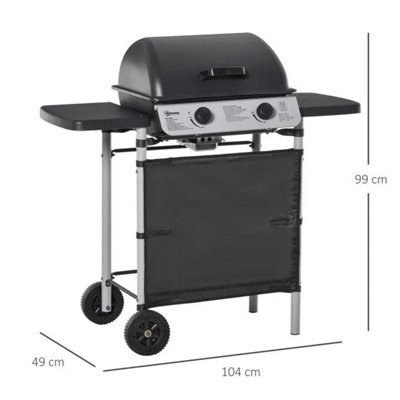 2 Burner Gas Barbecue Grill Propane Gas Cooking BBQ Grill 5.6 kW with Side Shelves Wheels