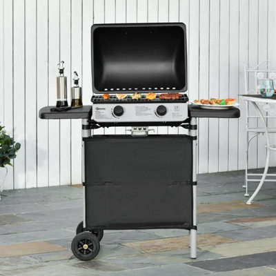 2 Burner Gas Barbecue Grill Propane Gas Cooking BBQ Grill 5.6 kW with Side Shelves Wheels - 3
