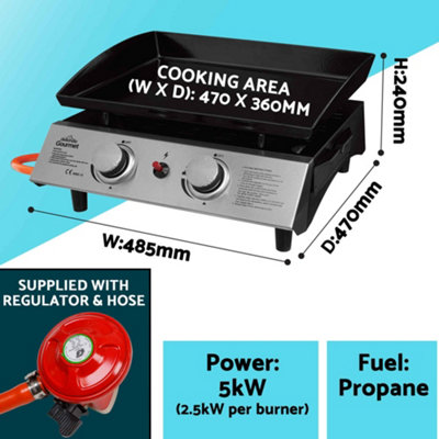 2 Burner Portable Gas Plancha 5kW BBQ Griddle, Includes PVC Cover, Stainless Steel - DG232
