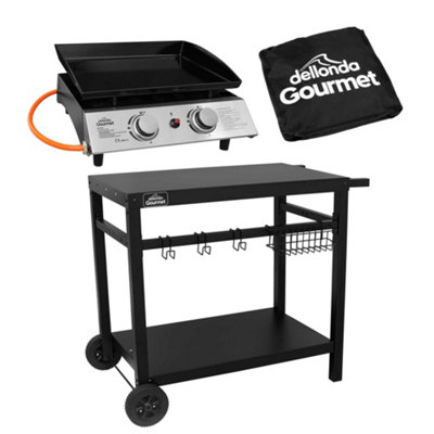 2 Burner Portable Gas Plancha 5kW BBQ Griddle Stainless Steel with Cover & Trolley - DG249