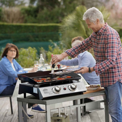 2 Burner Portable Gas Plancha 5kW BBQ Griddle Stainless Steel with Cover & Trolley - DG249
